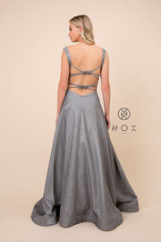 Long Metallic Glitter Dress with Strappy Back by Nox Anabel C240