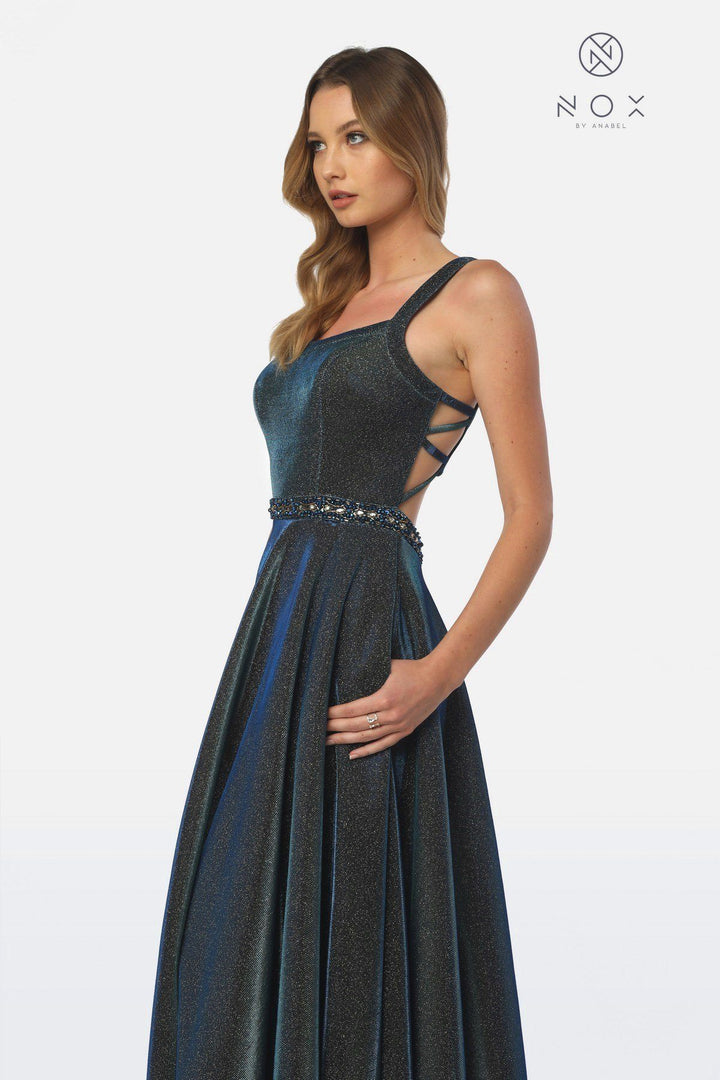 Long Metallic Glitter Dress with Strappy Open Back by Nox Anabel S267-Long Formal Dresses-ABC Fashion