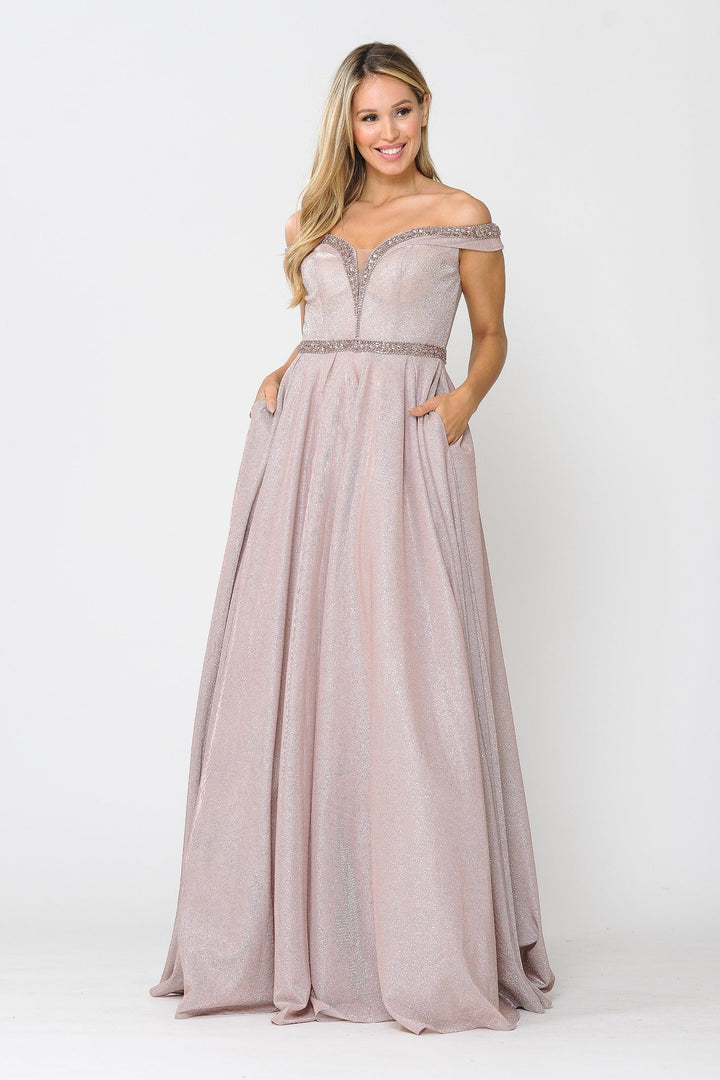 Long Metallic Glitter Off Shoulder Dress by Poly USA 8664