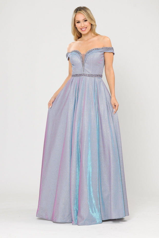 Long Metallic Glitter Off Shoulder Dress by Poly USA 8664