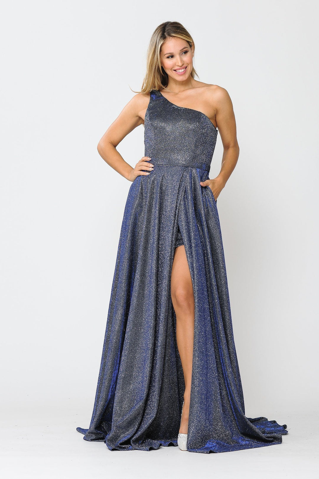 Long Metallic Glitter One Shoulder Dress by Poly USA 8430