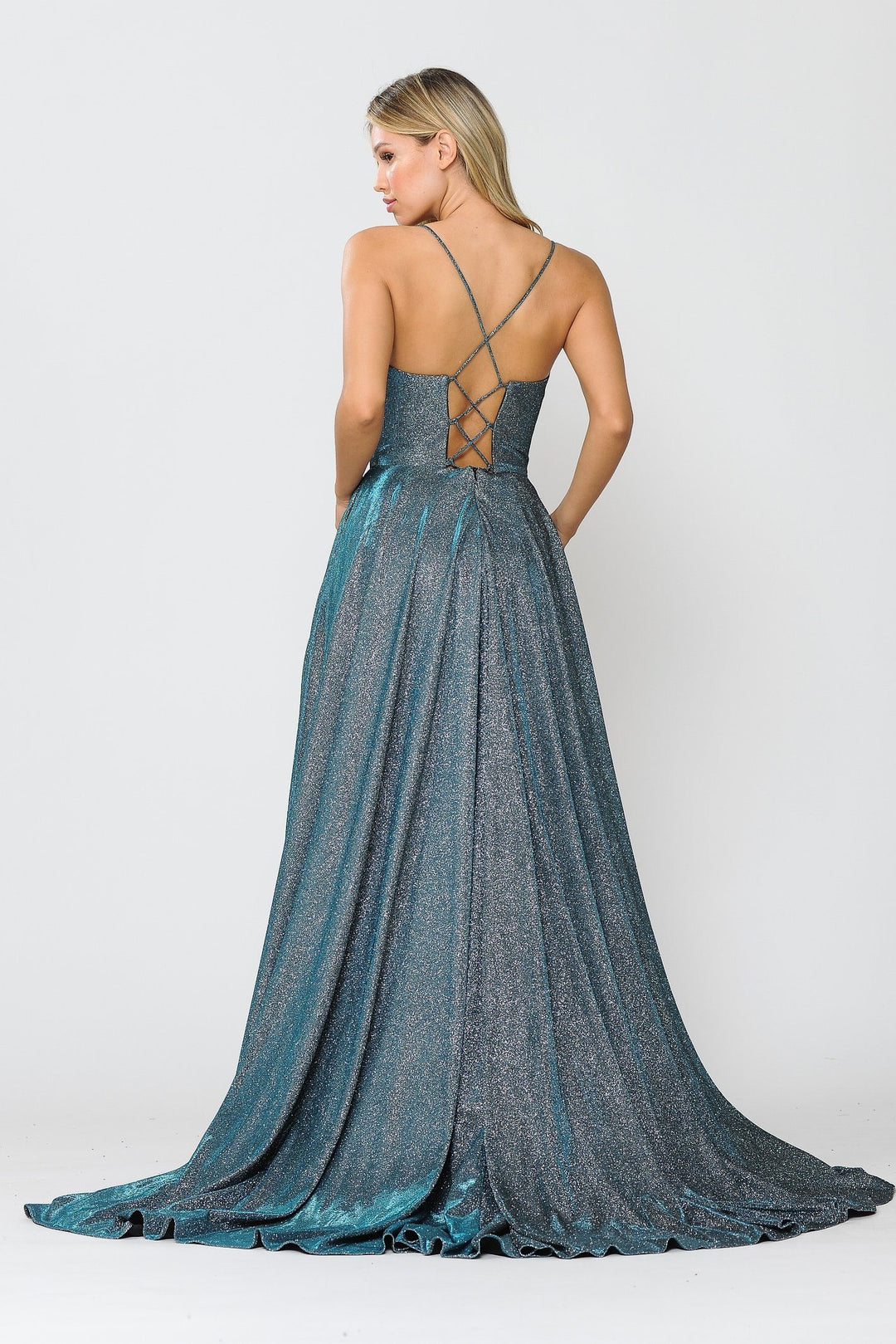 Long Metallic Glitter V-Neck Dress with Slit by Poly USA 8692