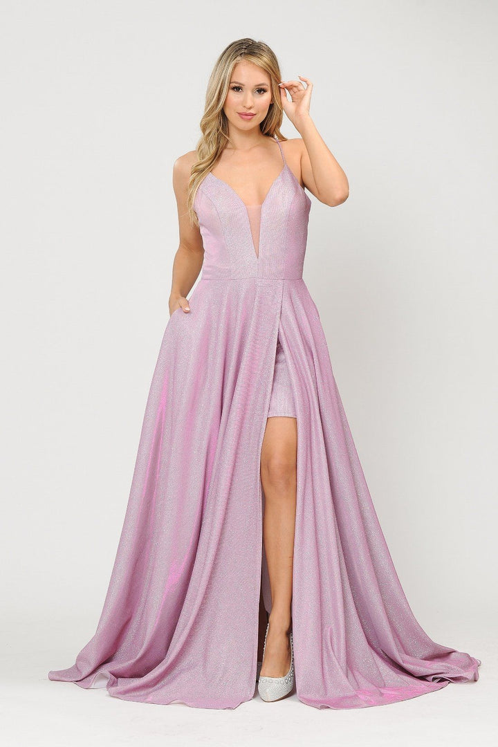 Long Metallic Glitter V-Neck Dress with Slit by Poly USA 8692