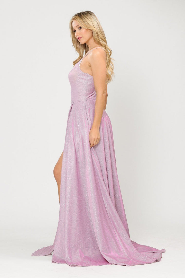 Long Metallic Glitter V-Neck Dress with Slit by Poly USA 8692