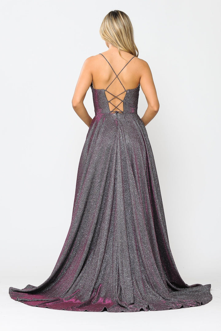 Long Metallic Glitter V-Neck Dress with Slit by Poly USA 8692