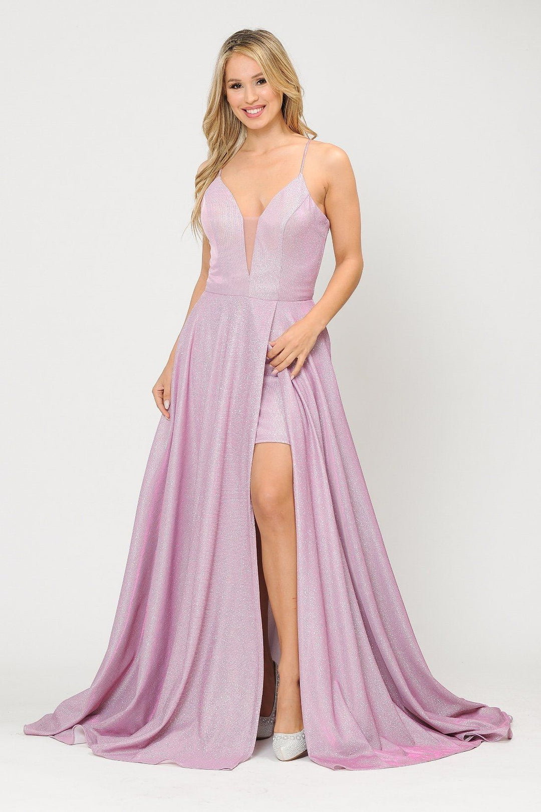 Long Metallic Glitter V-Neck Dress with Slit by Poly USA 8692