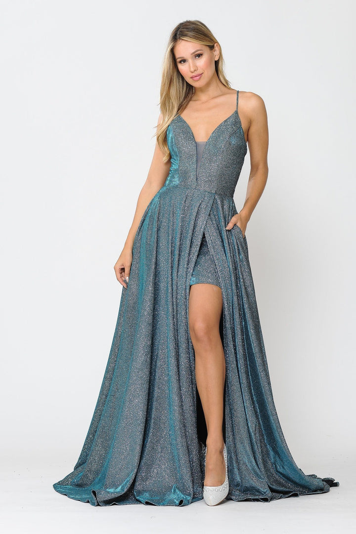 Long Metallic Glitter V-Neck Dress with Slit by Poly USA 8692
