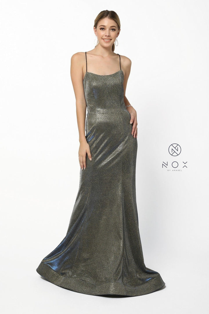 Long Metallic Mermaid Dress with Corset Back by Nox Anabel R273-Long Formal Dresses-ABC Fashion