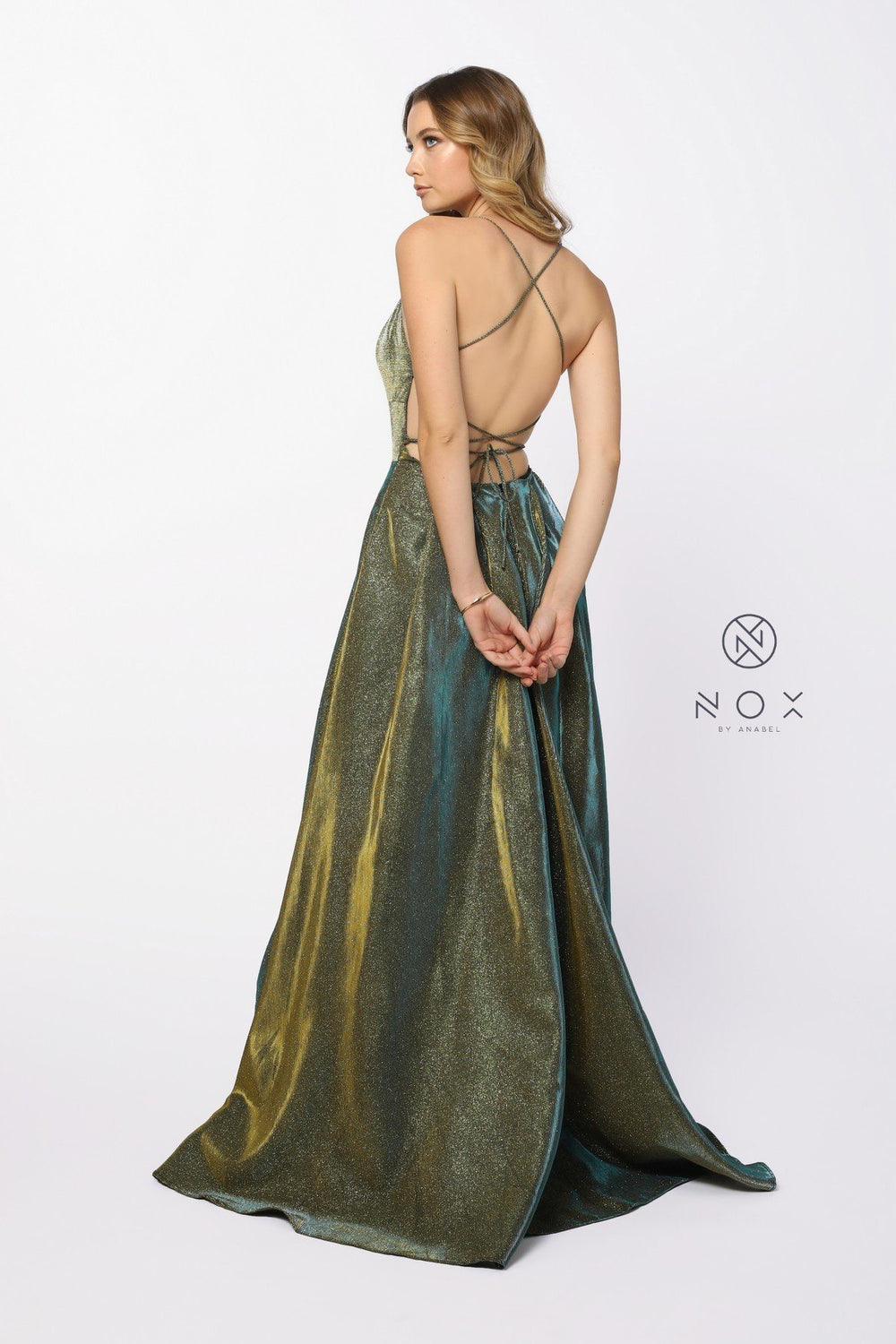 Long Metallic Satin Dress with Corset Open Back by Nox Anabel C241-Long Formal Dresses-ABC Fashion