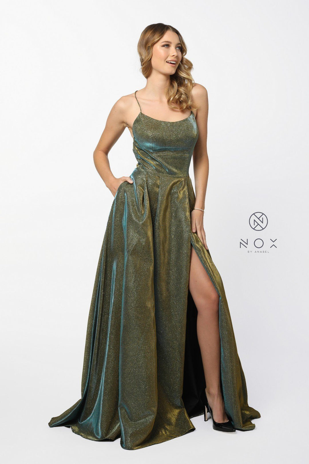 Long Metallic Satin Dress with Corset Open Back by Nox Anabel C241-Long Formal Dresses-ABC Fashion