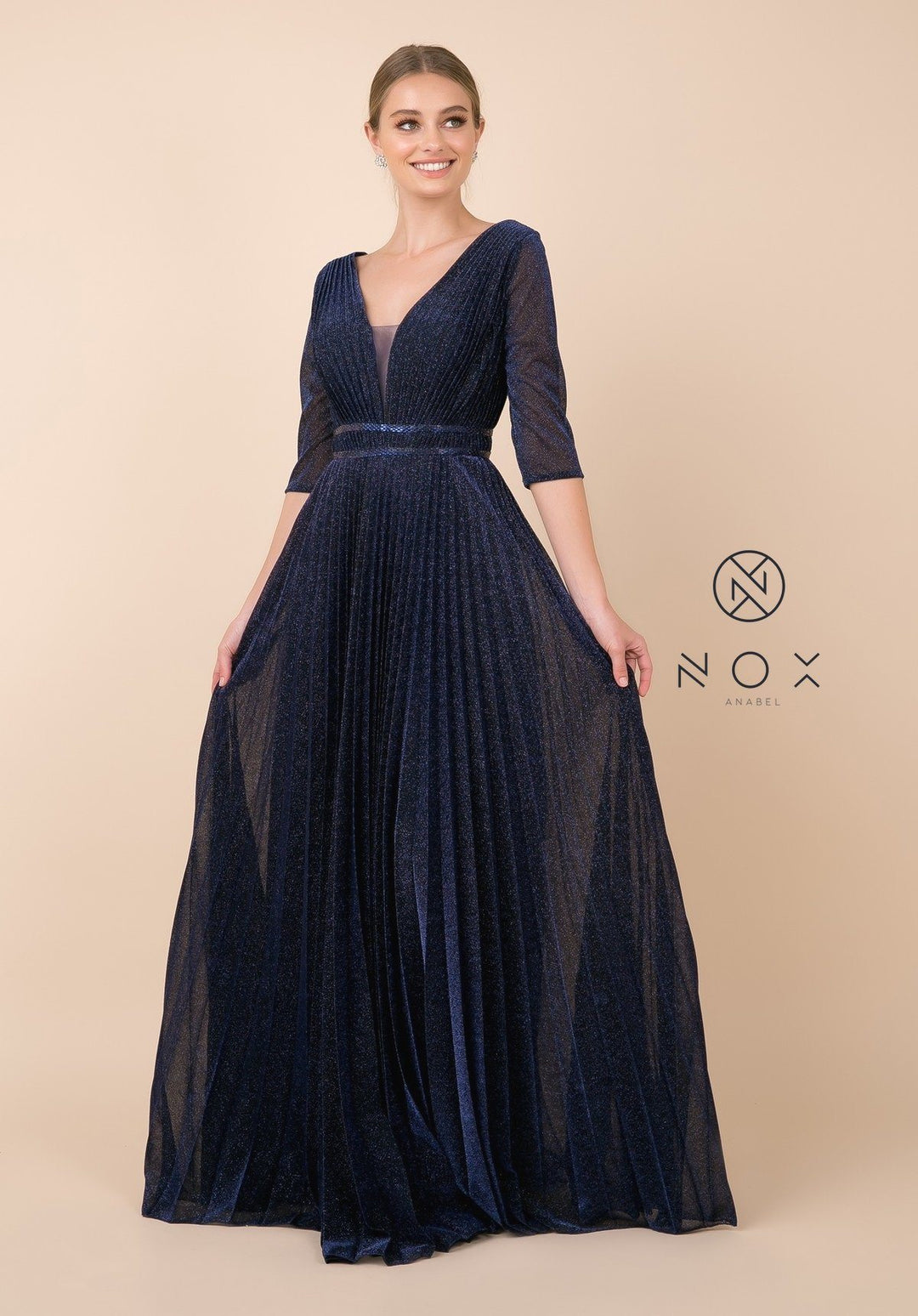 Long Metallic V-Neck Dress with Mid Sleeves by Nox Anabel M530-Long Formal Dresses-ABC Fashion