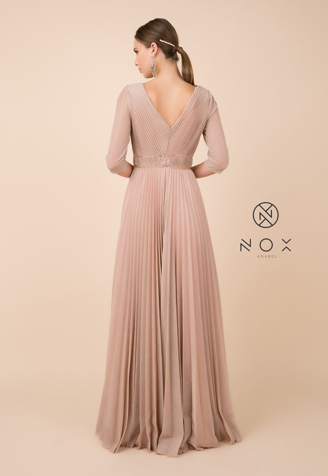 Long Metallic V-Neck Dress with Mid Sleeves by Nox Anabel M530-Long Formal Dresses-ABC Fashion