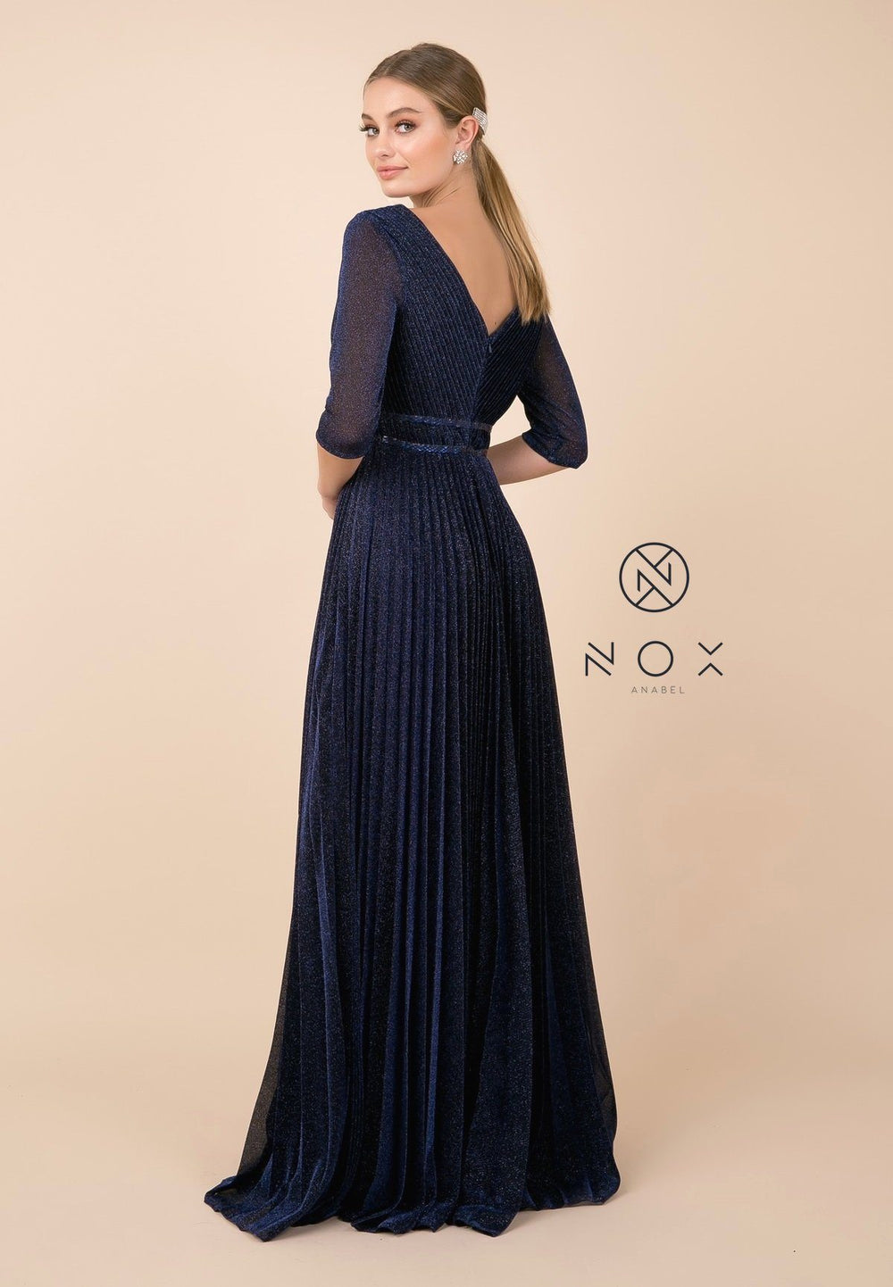 Long Metallic V-Neck Dress with Mid Sleeves by Nox Anabel M530-Long Formal Dresses-ABC Fashion