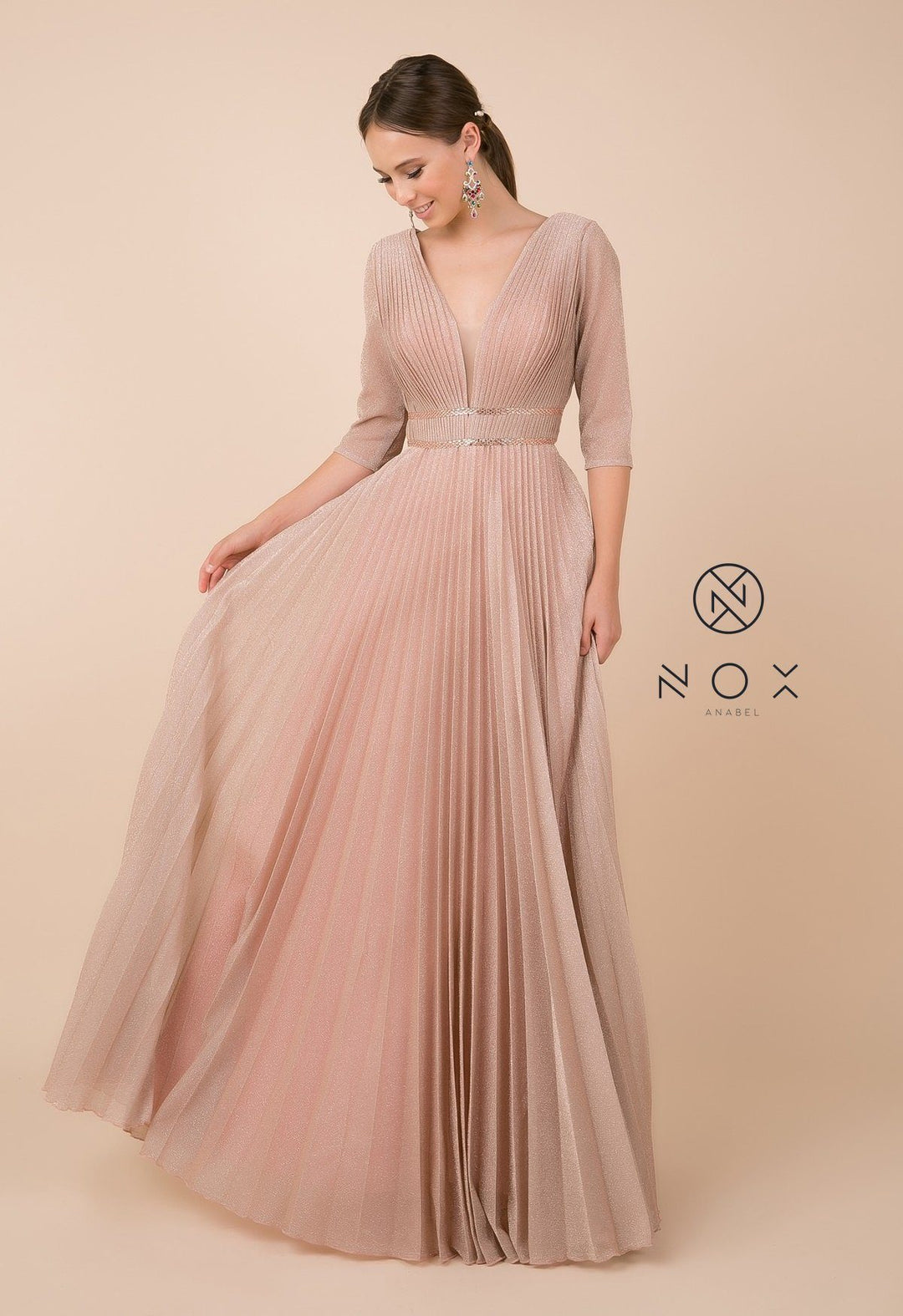 Long Metallic V-Neck Dress with Mid Sleeves by Nox Anabel M530-Long Formal Dresses-ABC Fashion