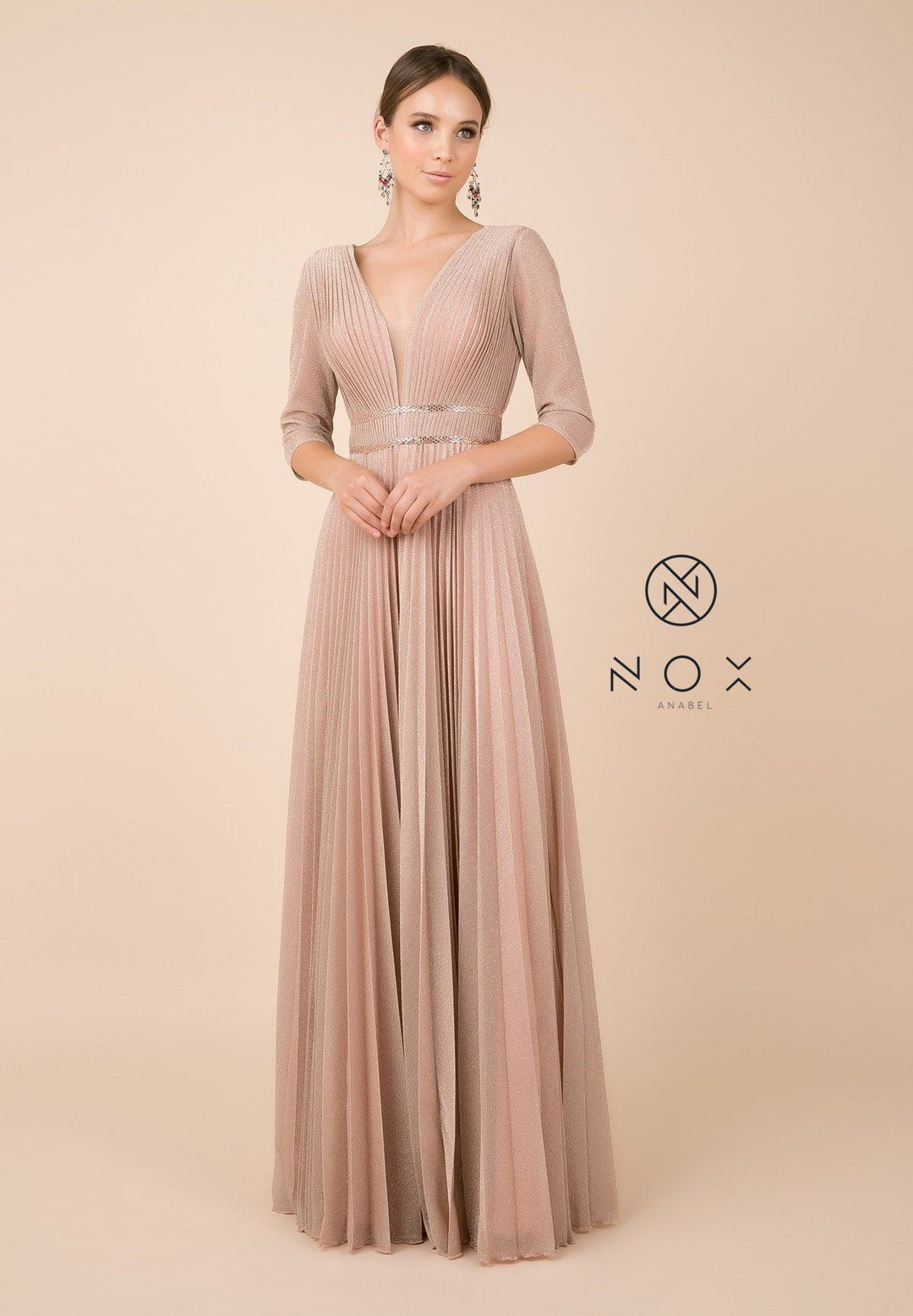 Long Metallic V-Neck Dress with Mid Sleeves by Nox Anabel M530-Long Formal Dresses-ABC Fashion
