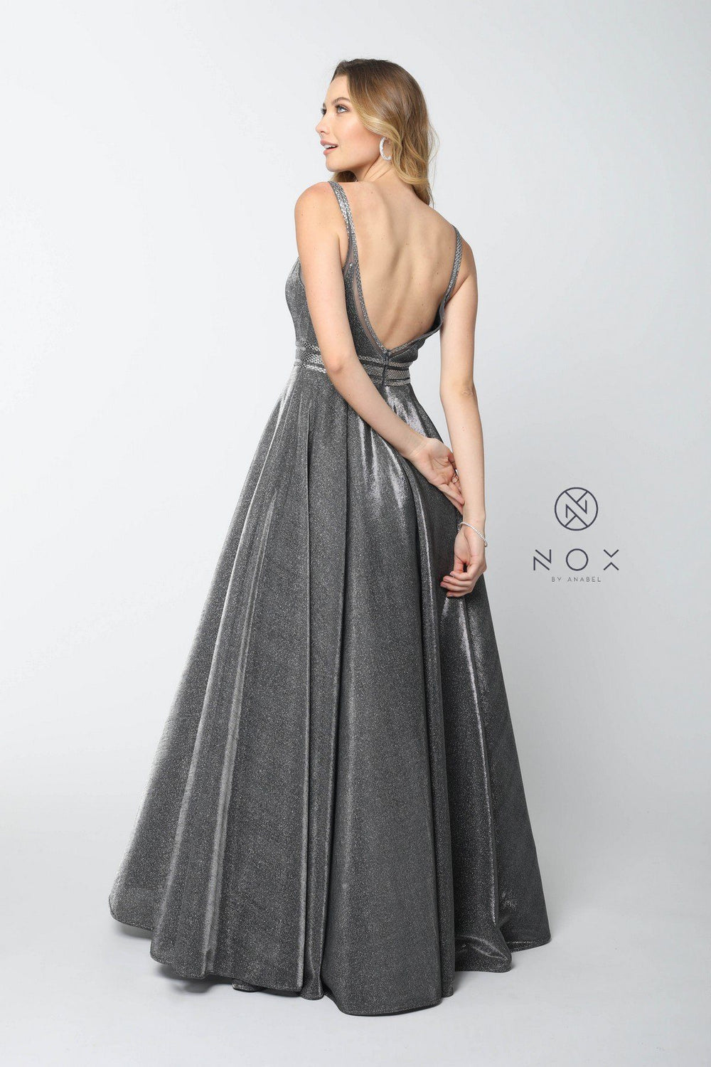 Long Metallic V-Neck Dress with Open V-Back by Nox Anabel S264-Long Formal Dresses-ABC Fashion