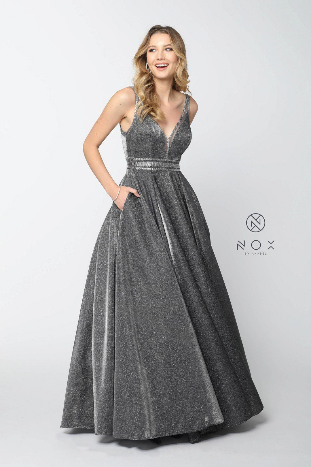 Long Metallic V-Neck Dress with Open V-Back by Nox Anabel S264-Long Formal Dresses-ABC Fashion