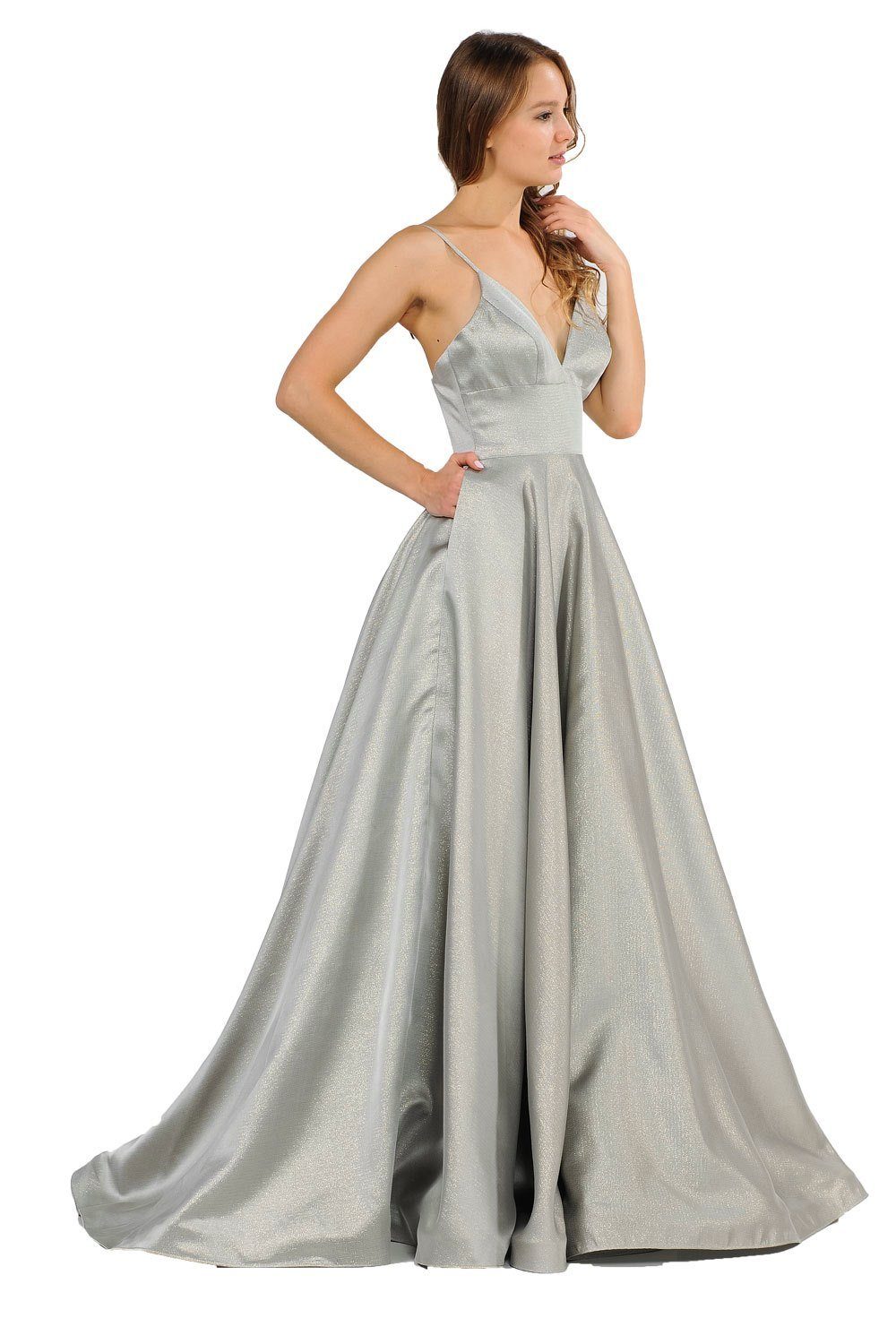 Long Metallic V-Neck Dress with Pockets by Poly USA 8358 L / Blue Long Metallic V-Neck Dress with Pockets by Poly USA 8358 L / Blue