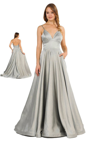 Long Metallic V-Neck Dress with Pockets by Poly USA 8358-Long Formal Dresses-ABC Fashion