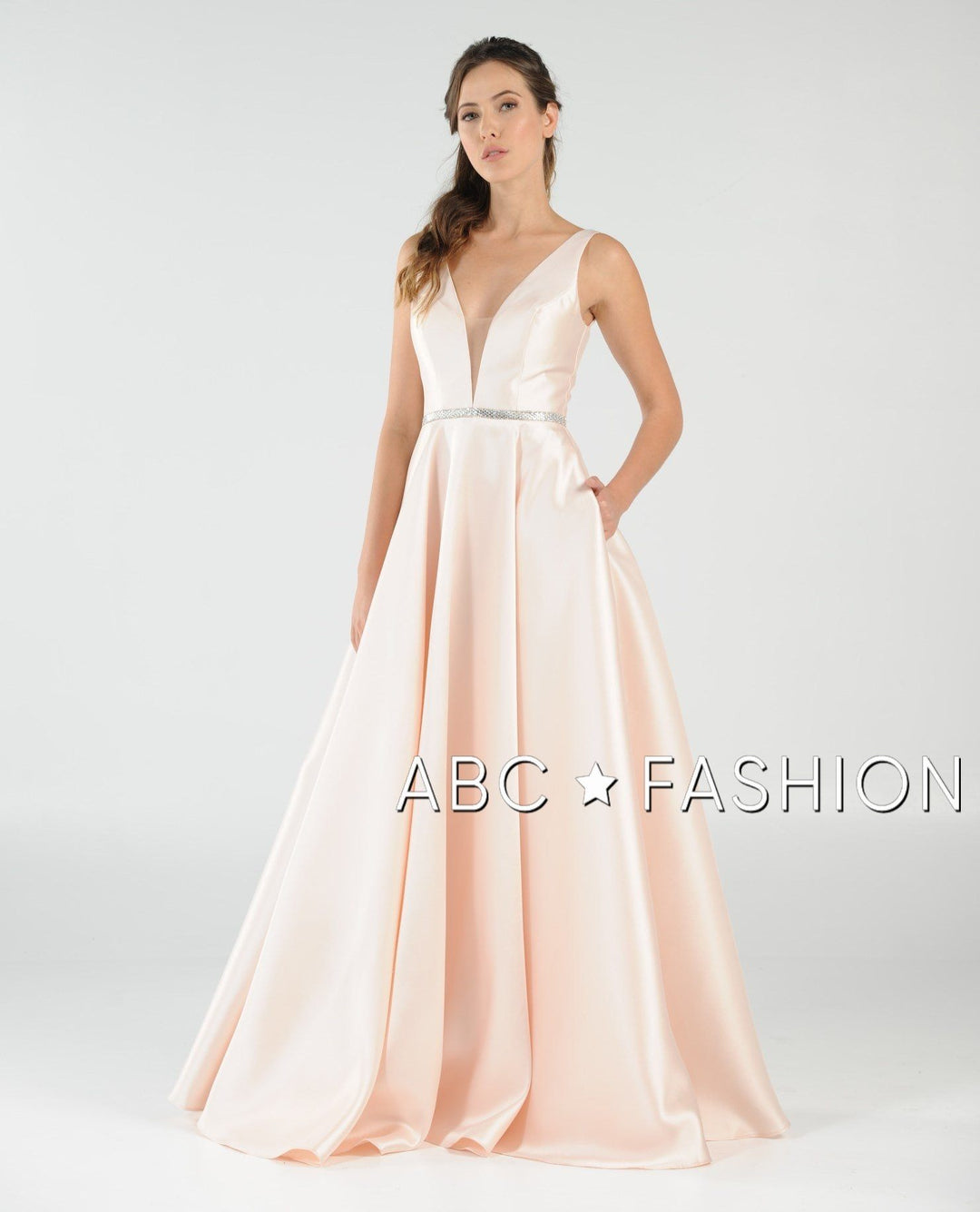 Long Mikado V-Neck Dress with Side Pockets by Poly USA 7916-Long Formal Dresses-ABC Fashion