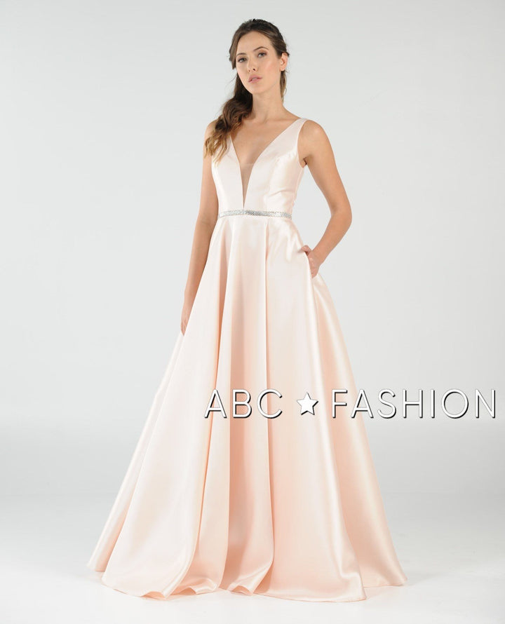 Long Mikado V-Neck Dress with Side Pockets by Poly USA 7916-Long Formal Dresses-ABC Fashion