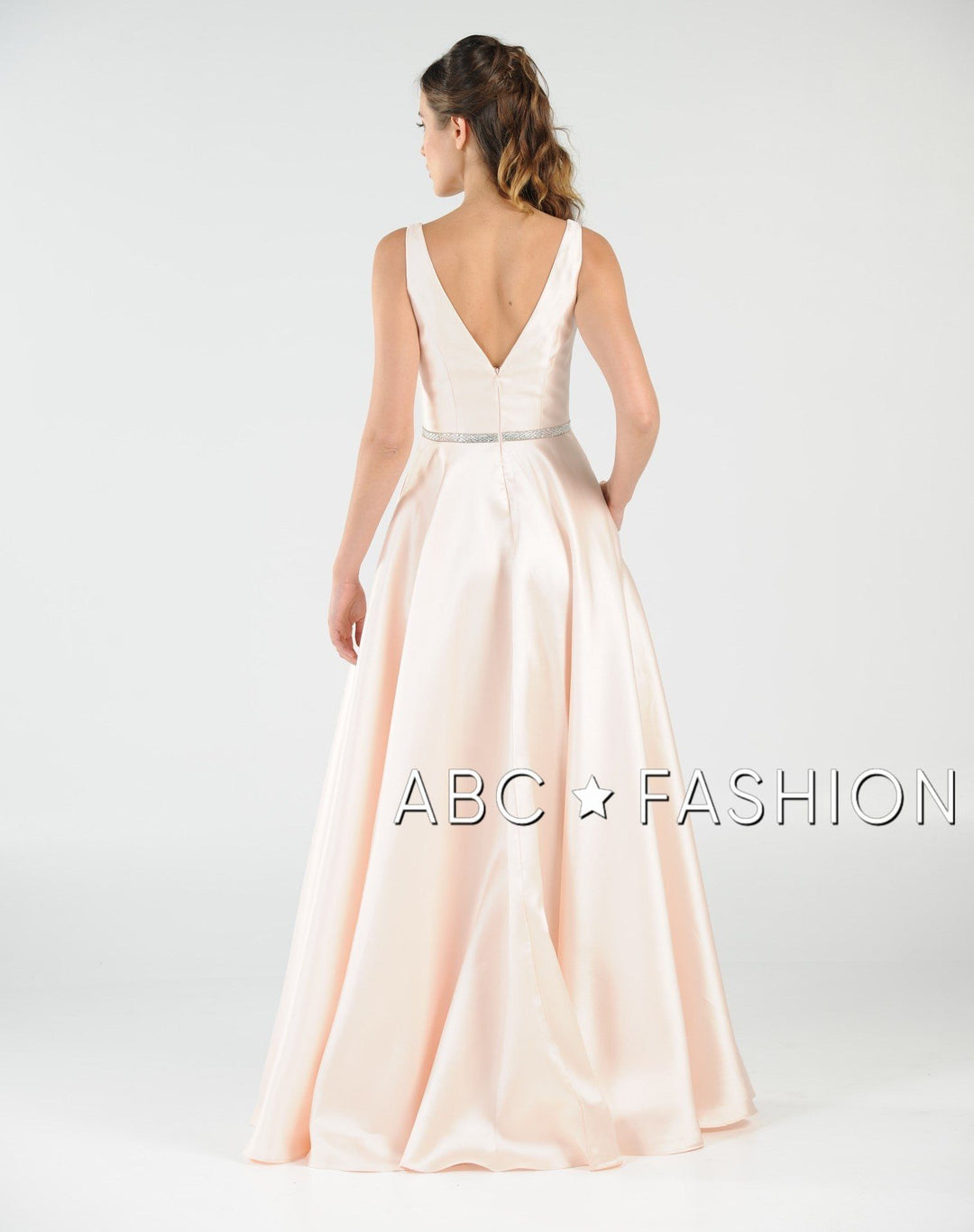 Long Mikado V-Neck Dress with Side Pockets by Poly USA 7916-Long Formal Dresses-ABC Fashion
