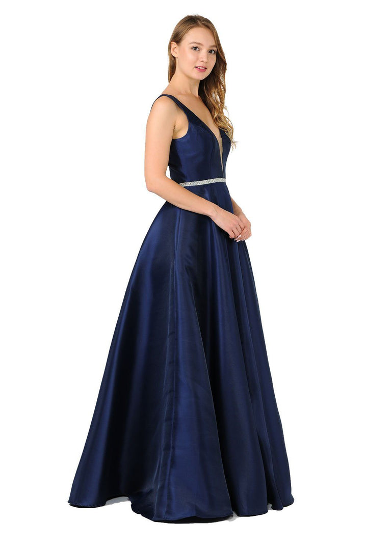 Long Mikado V-Neck Dress with Side Pockets by Poly USA 7916-Long Formal Dresses-ABC Fashion