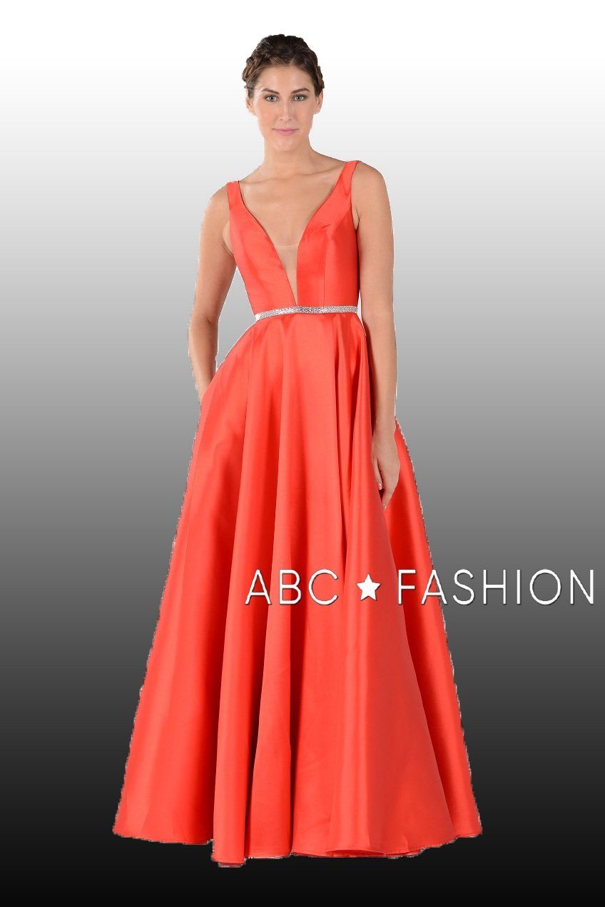 Long Mikado V-Neck Dress with Side Pockets by Poly USA 7916-Long Formal Dresses-ABC Fashion