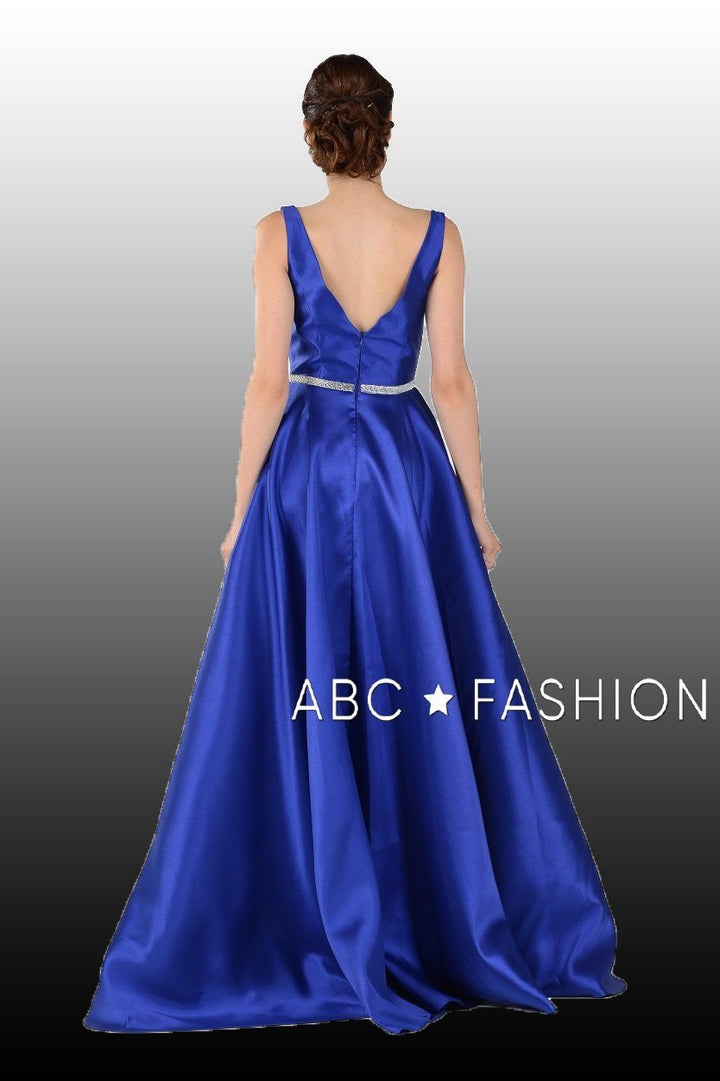 Long Mikado V-Neck Dress with Side Pockets by Poly USA 7916-Long Formal Dresses-ABC Fashion