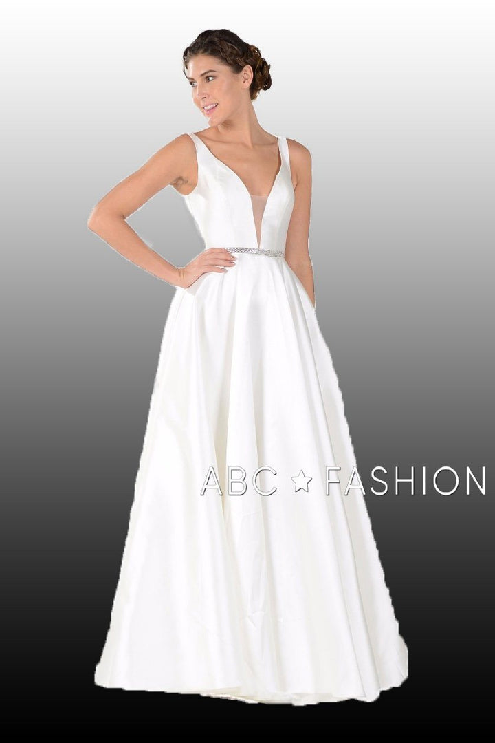 Long Mikado V-Neck Dress with Side Pockets by Poly USA 7916-Long Formal Dresses-ABC Fashion