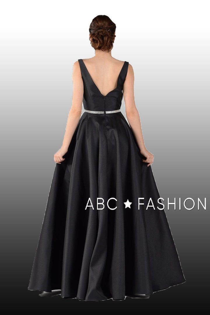 Long Mikado V-Neck Dress with Side Pockets by Poly USA 7916-Long Formal Dresses-ABC Fashion