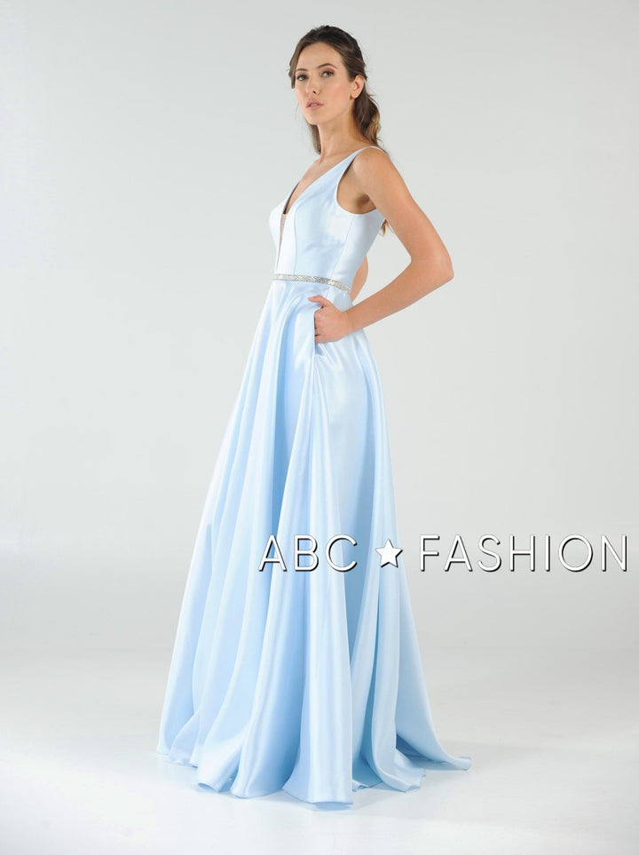 Long Mikado V-Neck Dress with Side Pockets by Poly USA 7916-Long Formal Dresses-ABC Fashion