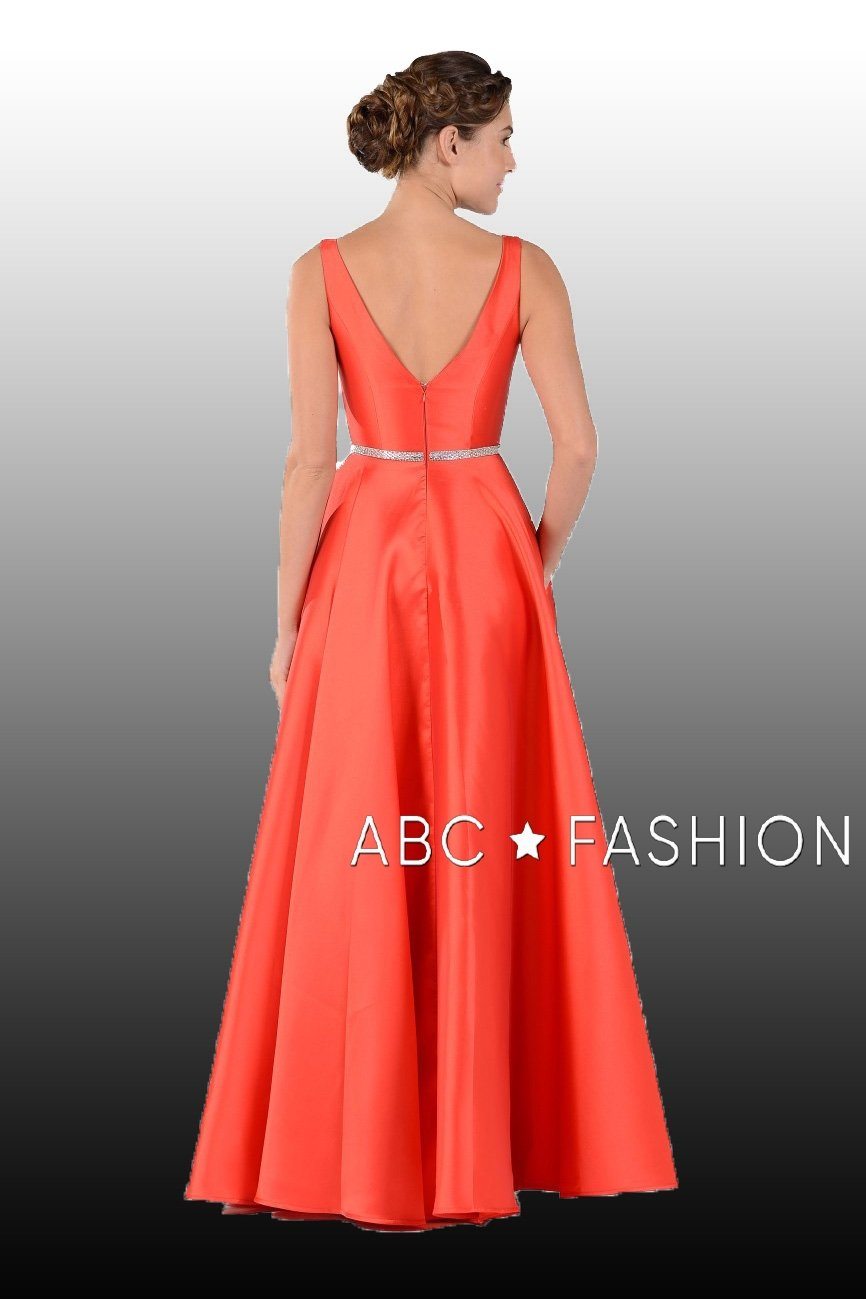 Long Mikado V-Neck Dress with Side Pockets by Poly USA 7916-Long Formal Dresses-ABC Fashion