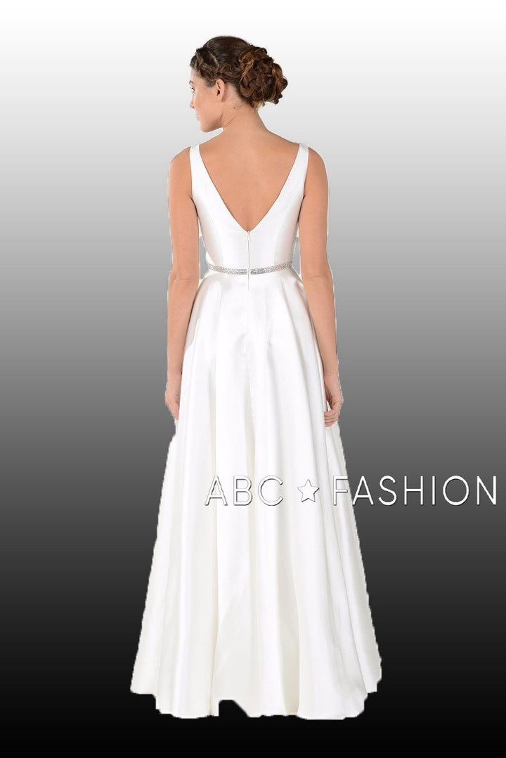 Long Mikado V-Neck Dress with Side Pockets by Poly USA 7916-Long Formal Dresses-ABC Fashion
