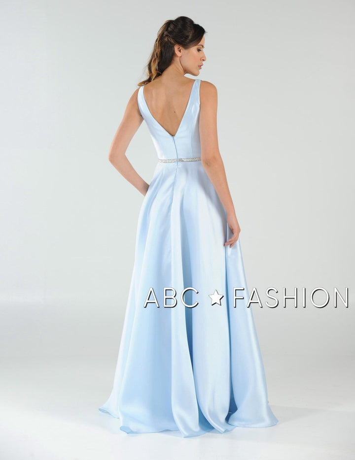 Long Mikado V-Neck Dress with Side Pockets by Poly USA 7916-Long Formal Dresses-ABC Fashion