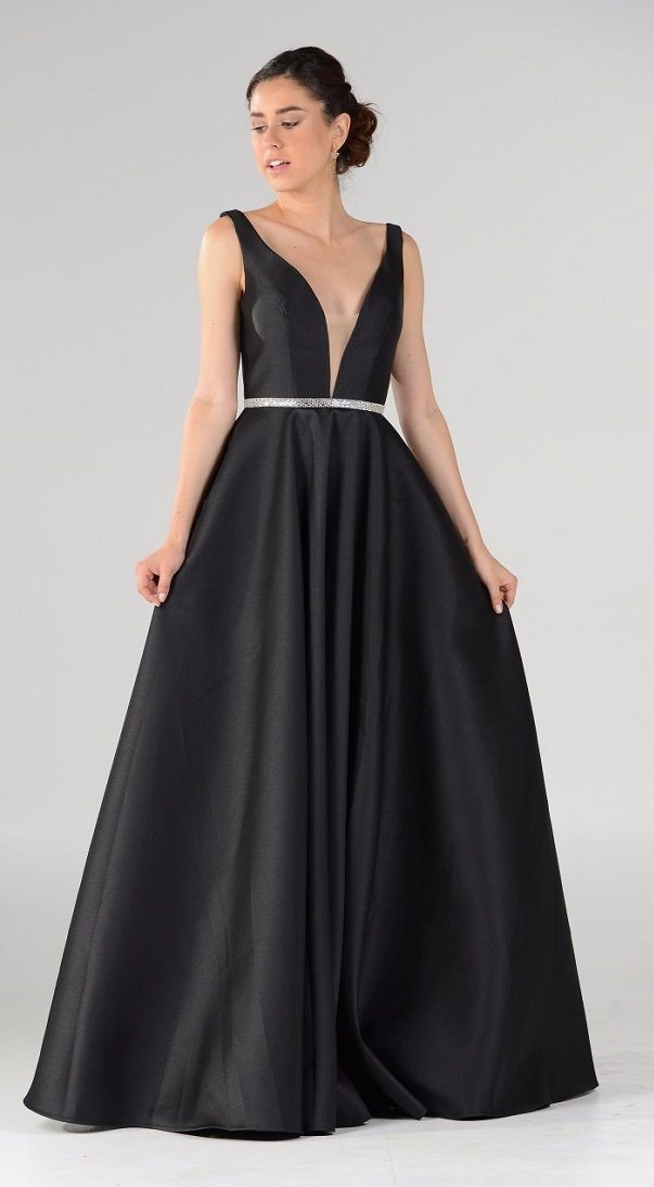 Long Mikado V-Neck Dress with Side Pockets by Poly USA 7916-Long Formal Dresses-ABC Fashion
