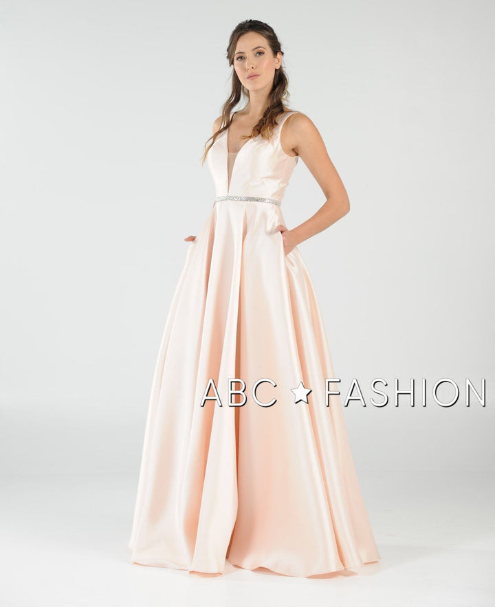 Long Mikado V-Neck Dress with Side Pockets by Poly USA 7916-Long Formal Dresses-ABC Fashion