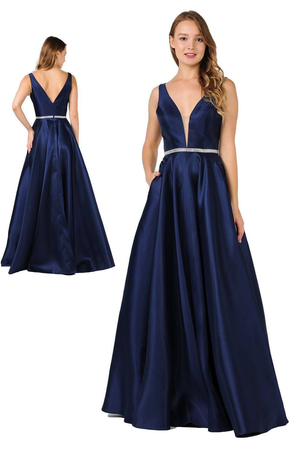 Long Mikado V-Neck Dress with Side Pockets by Poly USA 7916-Long Formal Dresses-ABC Fashion