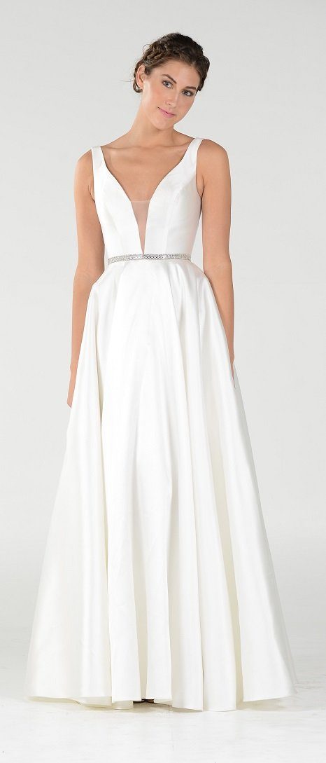 Long Mikado V-Neck Dress with Side Pockets by Poly USA 7916-Long Formal Dresses-ABC Fashion