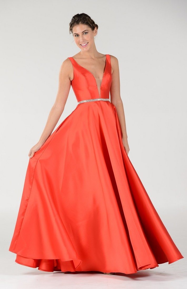 Long Mikado V-Neck Dress with Side Pockets by Poly USA 7916-Long Formal Dresses-ABC Fashion