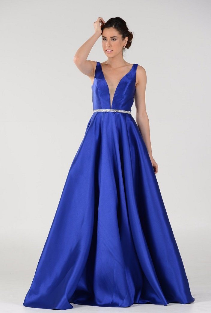 Long Mikado V-Neck Dress with Side Pockets by Poly USA 7916-Long Formal Dresses-ABC Fashion