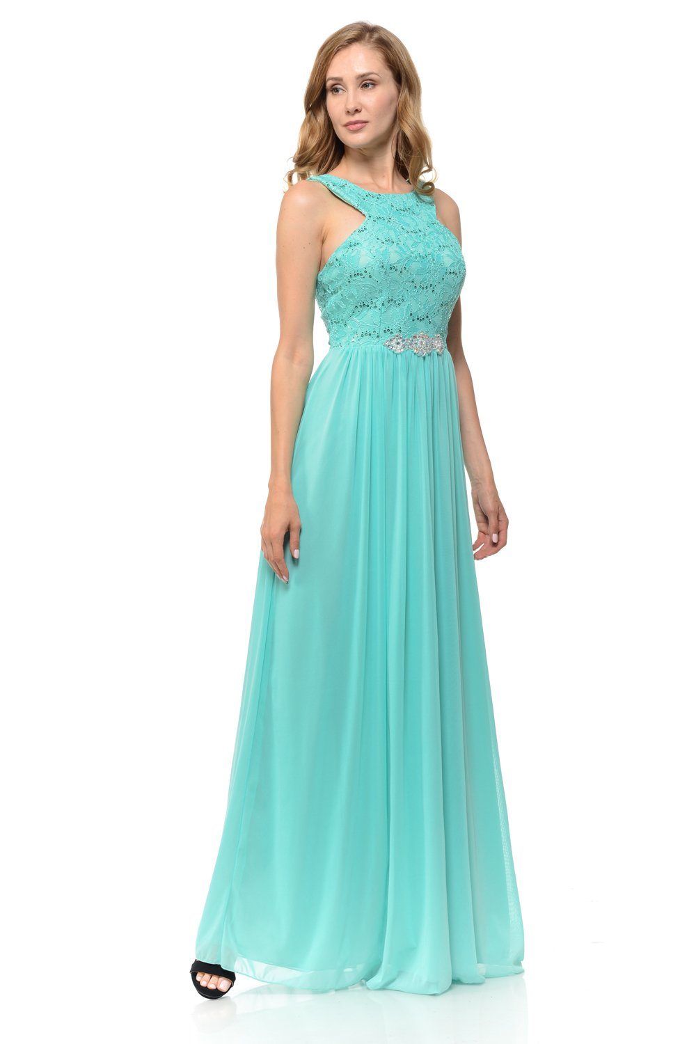 Long Mint Chiffon Dress with Lace Bodice by Lenovia ABC Fashion