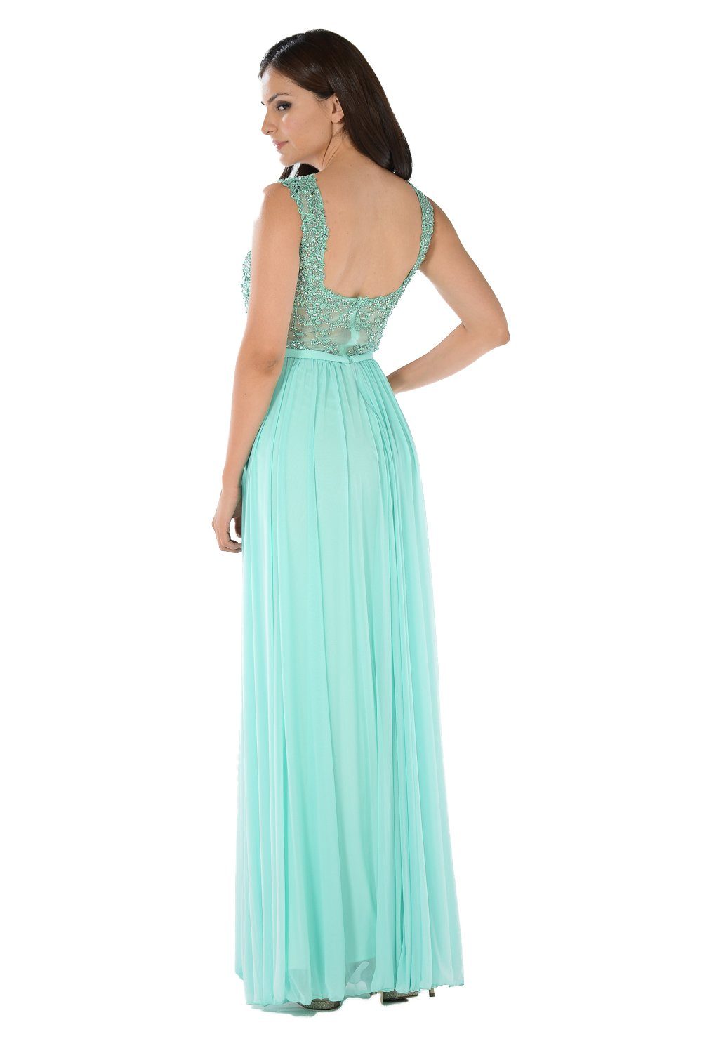 Long Mint V-Neck Dress with Beaded Bodice by Poly USA-Long Formal Dresses-ABC Fashion