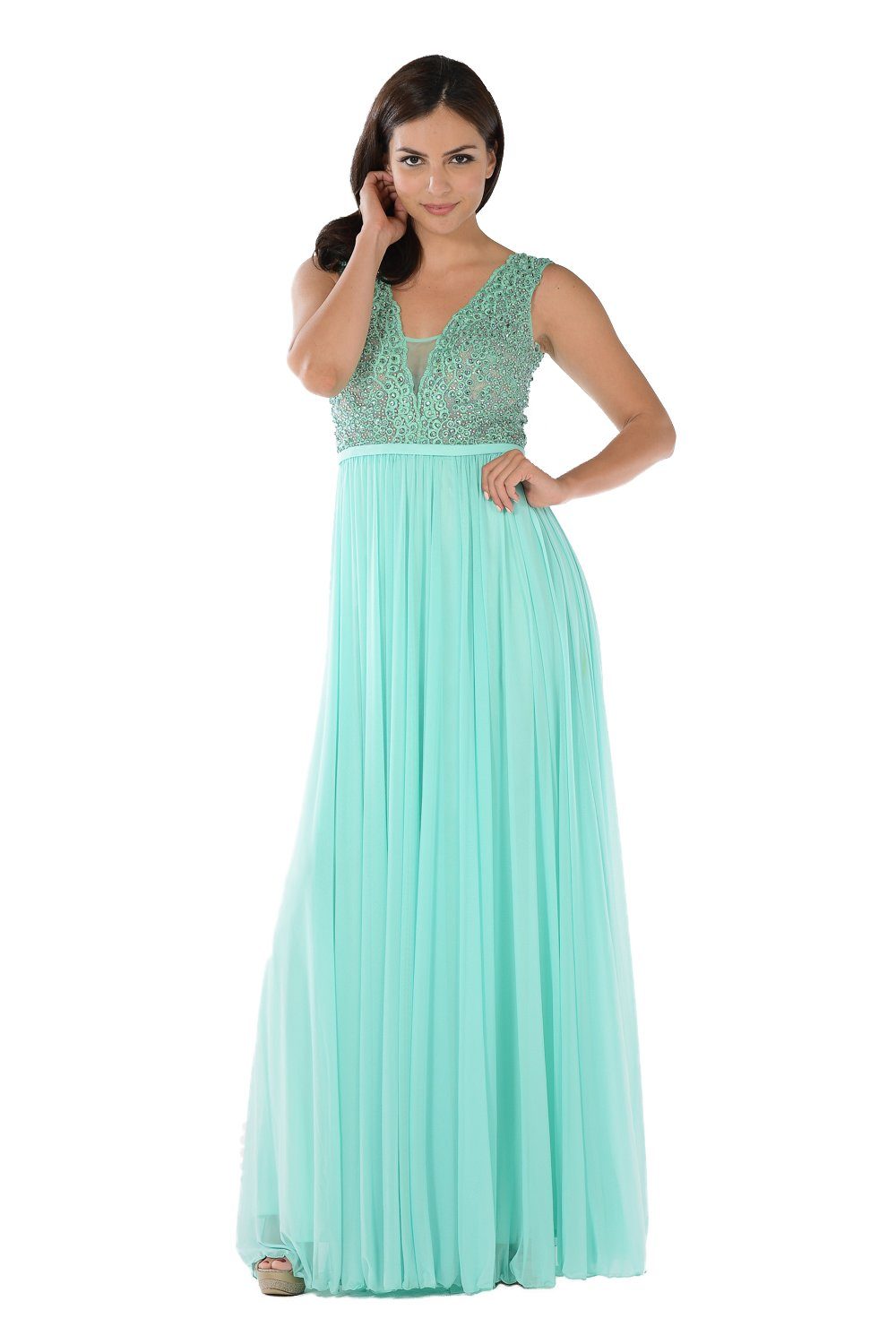Long Mint V-Neck Dress with Beaded Bodice by Poly USA-Long Formal Dresses-ABC Fashion