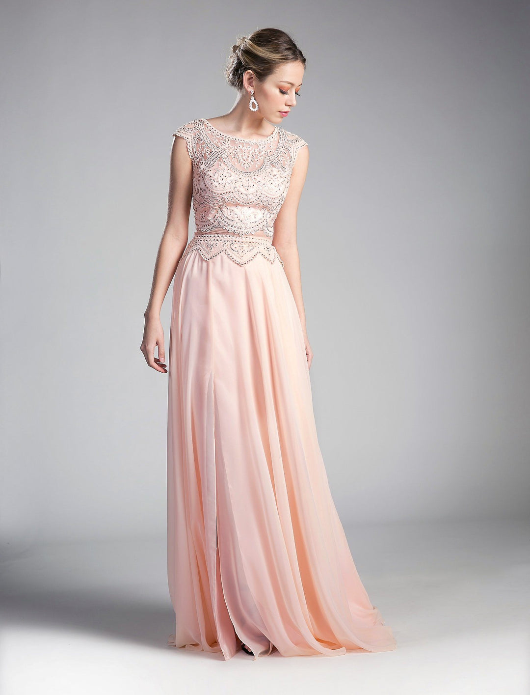 Long Mock Two-Piece Dress with Cap Sleeves by Cinderella Divine CD0113-Long Formal Dresses-ABC Fashion