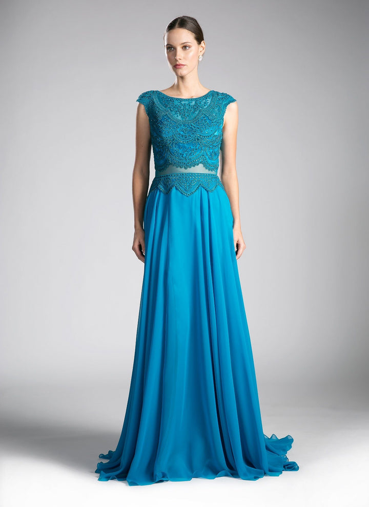 Long Mock Two-Piece Dress with Cap Sleeves by Cinderella Divine CD0113-Long Formal Dresses-ABC Fashion