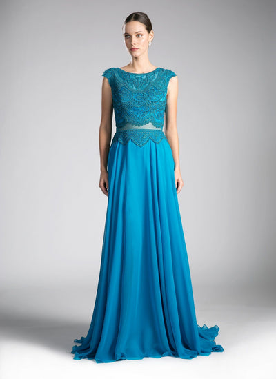 Long Mock Two-Piece Dress with Cap Sleeves by Cinderella Divine CD0113-Long Formal Dresses-ABC Fashion