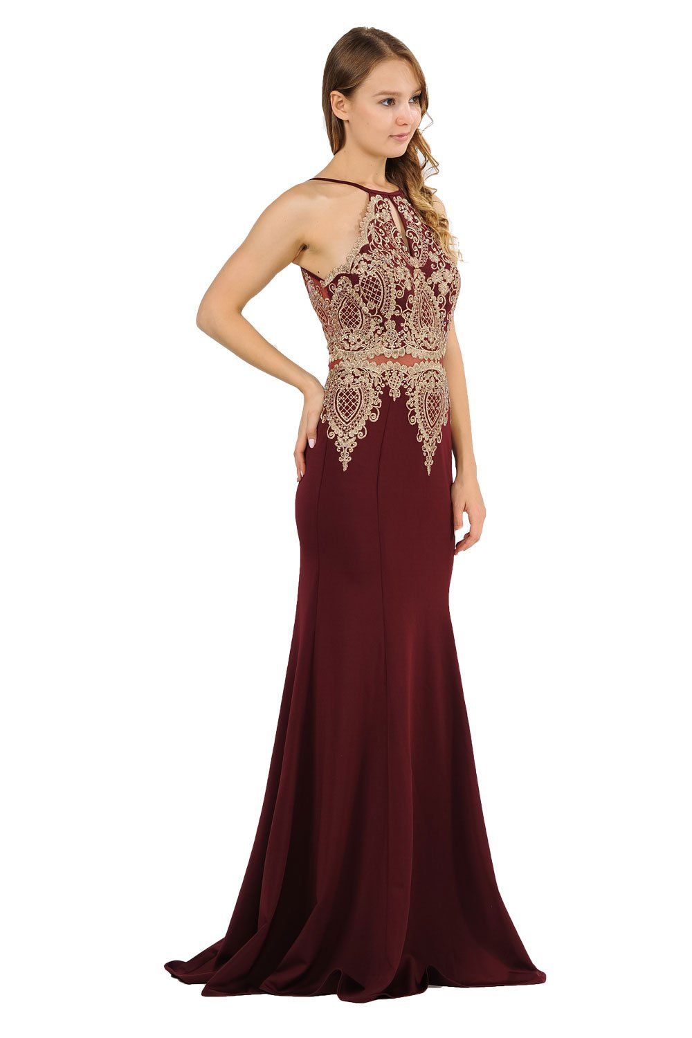 Long Mock Two-Piece Dress with Lace Appliques by Poly USA 8244-Long Formal Dresses-ABC Fashion