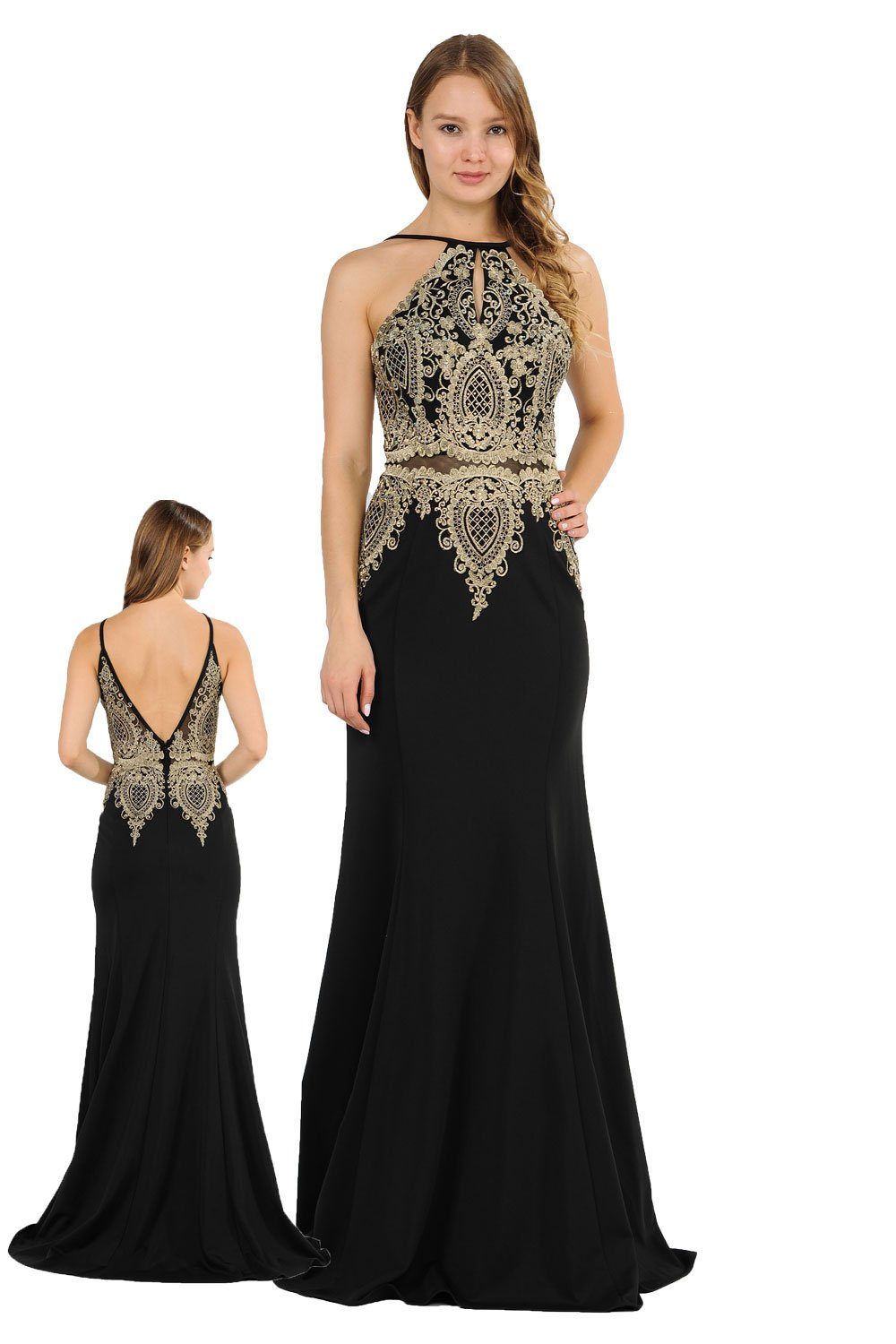 Long Mock Two-Piece Dress with Lace Appliques by Poly USA 8244 M / Black Long Mock Two-Piece Dress with Lace Appliques by Poly USA 8244 M / Black
