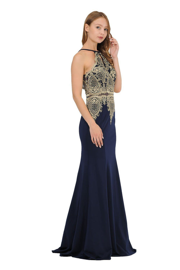 Long Mock Two-Piece Dress with Lace Appliques by Poly USA 8244-Long Formal Dresses-ABC Fashion